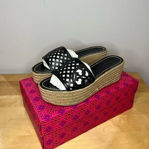 Tori Burch Black and Tan Platform Slide Sandals